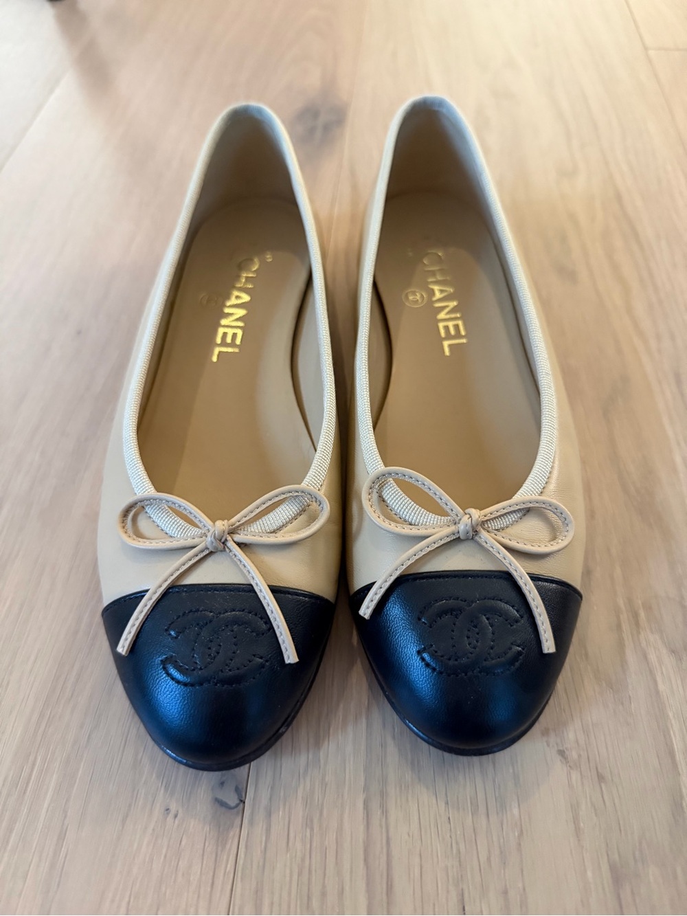 LIKE NEW - CHANEL Beige and Black Leather Ballet Flats
